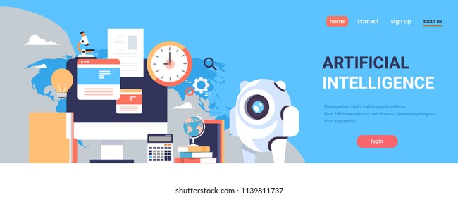 artificial intelligence finance analysis calculator computer concept flat horizontal banner copy space vector illustration