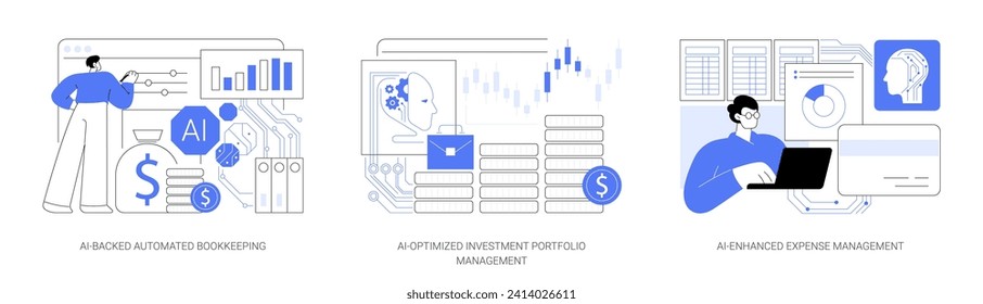 Inteligencia artificial para gestión financiera conjunto de ilustraciones vectoriales abstractas de concepto. Librería automatizada respaldada por AI, gestión de cartera de inversiones, metáfora abstracta de gestión de gastos.