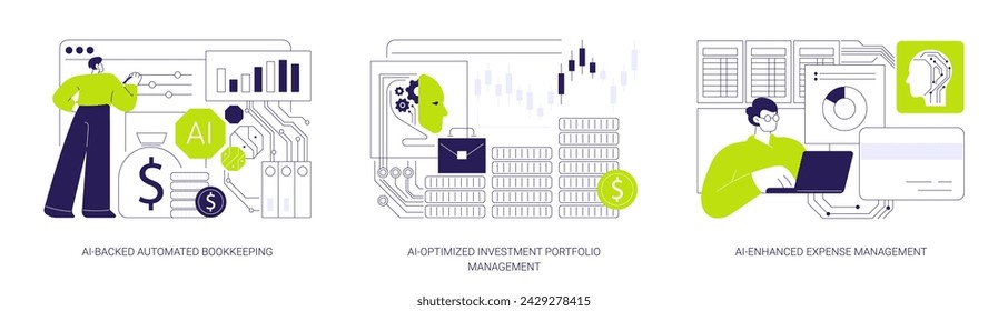 Artificial Intelligence for financial management abstract concept vector illustration set. AI-Backed Automated Bookkeeping, Investment Portfolio Management, Expense Management abstract metaphor.