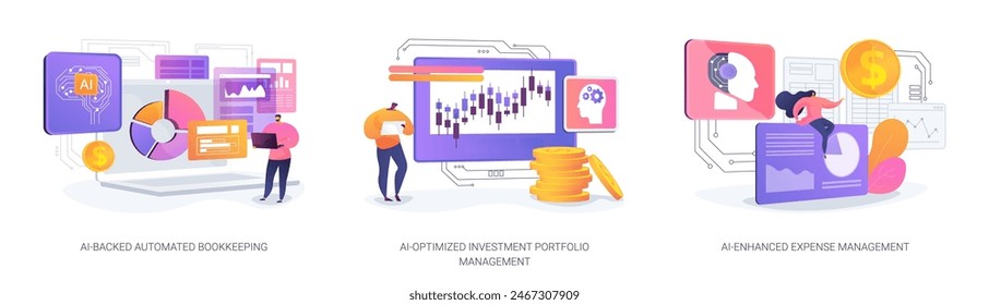 Artificial Intelligence for financial management abstract concept vector illustration set. AI-Backed Automated Bookkeeping, Investment Portfolio Management, Expense Management abstract metaphor.