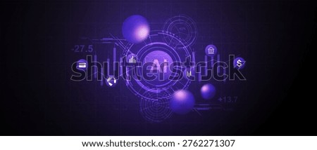 Artificial intelligence financial technology background with glowing AI interface, charts, dollar symbol, digital icons and purple futuristic design.