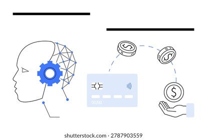 Artificial intelligence, fintech, digital payments, automation, neural network, innovation. A human silhouette with a gear and neural connections beside a card and coins. AI and fintech concepts