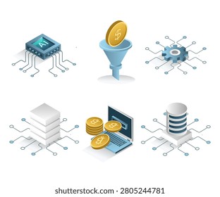 Artificial Intelligence and Fintech Technology Icons Set with AI Processor Cryptocurrency Data Server Database and Machine Learning