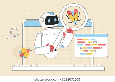 La inteligencia artificial corrige errores y comprueba el código. Pruebas de software, concepto de control de calidad. AI en garantía de calidad, probador del robot con la lupa, búsqueda de virus, fondo aislado de la Ilustración vectorial