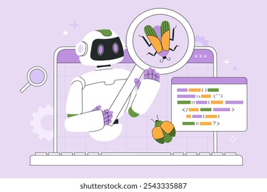 Artificial intelligence fix bugs, search for viruses and checks code. Software testing, QA concept. AI in quality assurance, robot tester with magnifying glass. Vector illustration isolated background