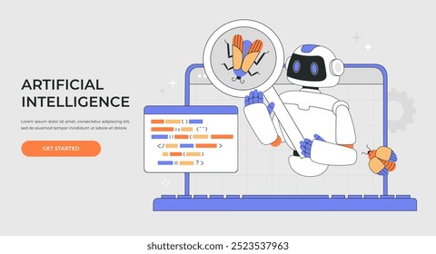 Künstliche Intelligenz behebt Fehler, Fehler und überprüft Code. Automatisierte Softwaretests, QA-Konzept. KI in der Qualitätssicherung, Robotertester mit Lupe. Vektorgrafik für Zielwebseite