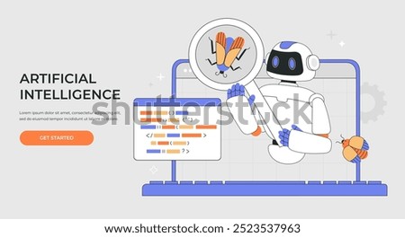 Artificial intelligence fixes bugs, errors and check code. Automated software testing, QA concept. AI in quality assurance, robot tester with magnifying glass. Vector illustration for landing web page