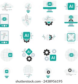 Artificial Intelligence flat color Icons set. Vector illustration modern style icons of AI technology and possibilities.