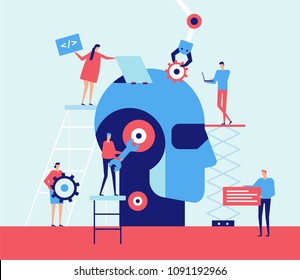 Artificial intelligence - flat design style illustration. Metaphorical composition with cute characters, workers fixing a big robotic head. Mechanic arm, chat, coding symbols. Teamwork concept