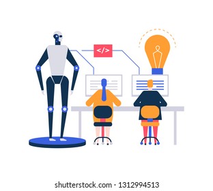 Artificial intelligence - flat design style colorful illustration. Unusual composition with male, female characters, programmers working at computers in the office, a robot. Modern technology concept