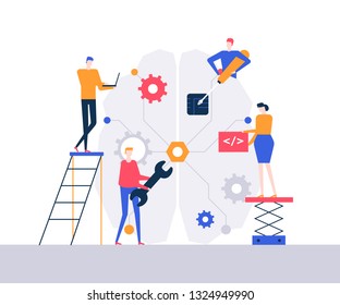 Artificial intelligence - flat design style colorful illustration. Unusual composition with male, female characters, programmers fixing a big brain with a wrench, screwdriver, working at the laptop