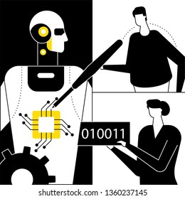 Artificial intelligence - flat design style vector illustration. Black, white and yellow composition with male, female programmers fixing a chip in a robot. Innovation, modern technology concept