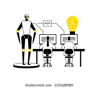 Artificial intelligence - flat design style vector illustration. Black, white and yellow composition with male, female programmers working at computers in the office, robot. Modern technology concept