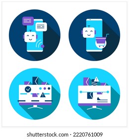  Artificial intelligence flat icons set. Digital technologies illustration pictograms for business, retail, transport, communication, agriculture, security and medicine.3d vector illustration