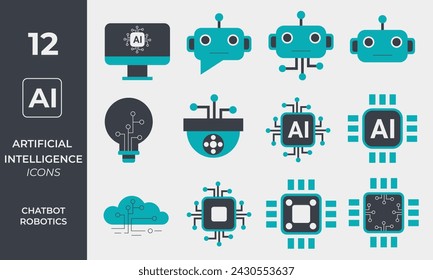 Artificial Intelligence Flat Icons set. Vector illustration modern style icons of AI technology and possibilities, machine learning, smart robotics, chatbot.
