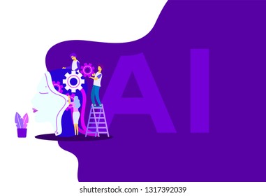 artificial intelligence flat illustration. Machine learning, artificial intelligence, digital brain and artificial thinking process concept, violet palette. Vector landing page.