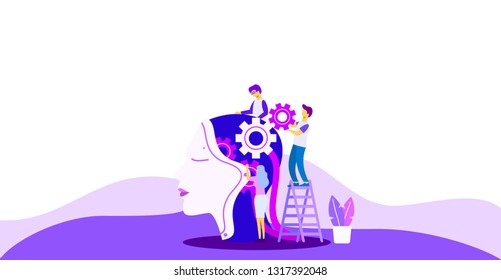 artificial intelligence flat illustration. Machine learning, artificial intelligence, digital brain and artificial thinking process concept, violet palette. Vector landing page.