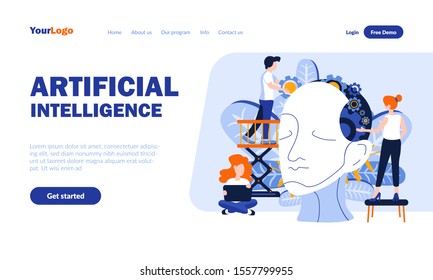 Artificial intelligence flat landing page template with header. Scientific development web banner, homepage design. Smart cyborg invention vector illustration. Science, technology, cybernetics concept