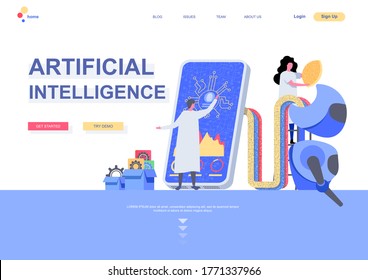 Artificial intelligence flat landing page template. Machine learning concept scientists programming cybernetic system situation. Web page with people characters. Digital technology vector illustration