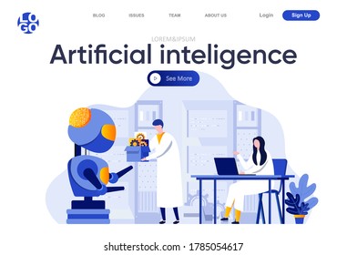Artificial intelligence flat landing page. Scientists working in modern technical laboratory vector illustration. Machine learning, smart digital technology web page composition with people characters