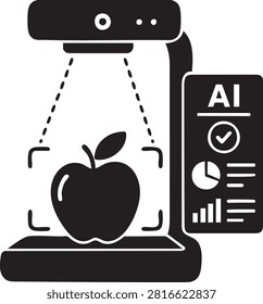 Artificial intelligence food scanner icon showing automated fruit recognition and quality analysis for smart agriculture and retail.