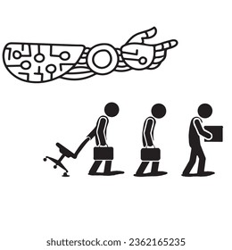 artificial intelligence in the form of an android robot hand is driving people out of their jobs. Replacement of human labor with robots. Vector drawing EPS 10