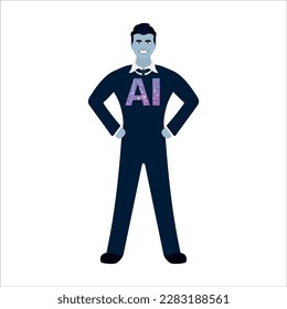 Artificial intelligence in the form of an energetic, happy male robot. Logo, ai icon on a man's chest. Dressed in a suit in blue colors on a white background. vector illustration. future, technology