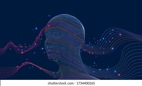 Artificial Intelligence in the form of a human head. Lines and dots on a dark blue background. Eps10 Vector