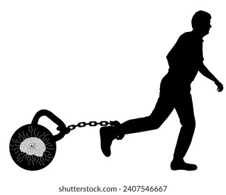 Artificial intelligence in the form of kettlebell with  chain on man's leg, silhouette. Vector illustration
