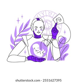 Artificial intelligence in the form of a robot analyzes the astrological forecast by the date of birth of the child. The fate of the newborn. Chat bot gives online consultation. Vector illustration.