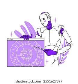 Artificial intelligence in the form of a robot makes an online natal chart. Astrological program for creating a horoscope. Chat bot gives online consultation. Vector illustration.