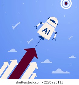 Artificial intelligence in the form of a rocket robot pulls the business or career growth arrows up. Business project success.