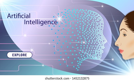 Artificial intelligence in the form of a virtual human head with a neural network looks at the woman's face, study each other. AI analyze information. Concept technology web page. Vector Illustration.