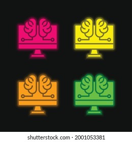 Artificial Intelligence four color glowing neon vector icon