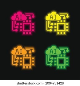 Artificial Intelligence four color glowing neon vector icon