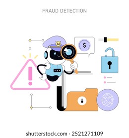 Concepto de detección de fraude de inteligencia artificial. Robot detective analiza los riesgos de seguridad. Ciberseguridad y seguridad financiera. Ilustración vectorial.