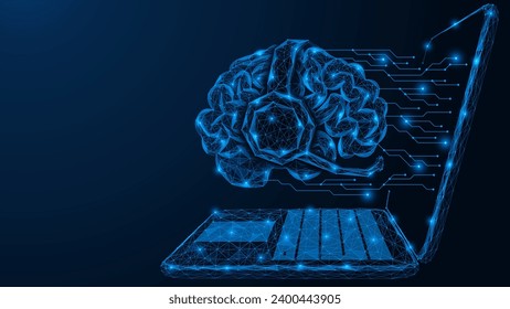 Artificial intelligence in front of a laptop. The brain is wearing headphones with a microphone. Polygonal design of interconnected lines and dots.