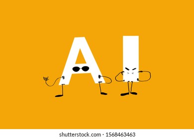 Artificial intelligence, a funny humanized acronym with faces. AI white letters on yellow background