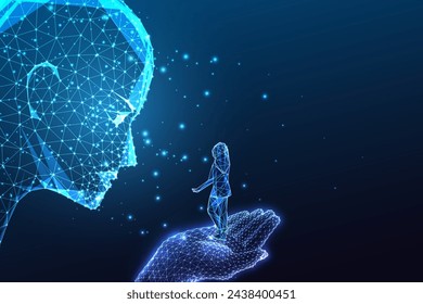 Artificial intelligence future concept. Giant robotic face interacts with human girl silhouette, symbolizing evolving relationship between AI and humanity. Vector illustration on dark blue background