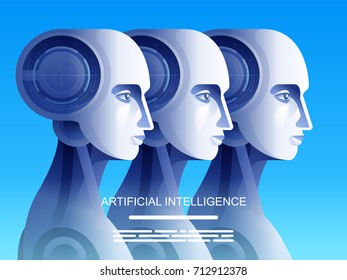 Artificial intelligence. Future cybernetic machines. Army of robots. Innovative look. Vector illustration. 
