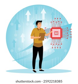 Artificial Intelligence and future economy. Businessman touching AI to embracing AI technology for digital marketing success. Flat vector modern illustration 