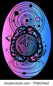 Artificial intelligence of the future tattoo. Brain and universe tattoo art. Symbol of psychology, philosophy, creativity, intelligence 