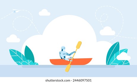 Artificial intelligence and future technology. Ai robot on boat as symbol of futuristic vision. Smart robot in boat on sea. Hard work achieve business vision and mission. Vector illustration