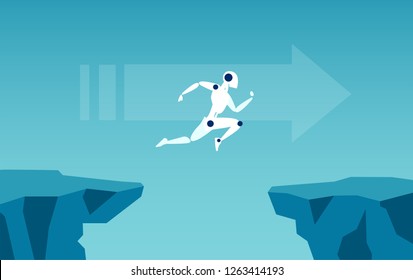 Artificial intelligence and future technology concept. Vector of a robot jumping over gap as symbol of overcoming challenges.