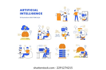Artificial Intelligence future technology with robot machine learning computation to help human task illustration set with duo tone color style for ui webpage
