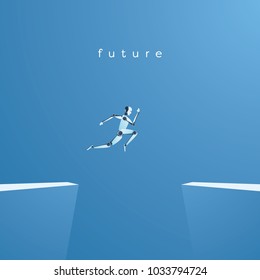 Artificial intelligence and future technology vector concept. Ai robot jumping over gap as symbol of overcoming challenges and finding solutions with help of ai. Eps10 vector illustration.