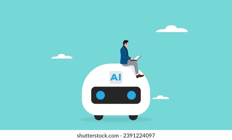 artificial intelligence and the future of work illustration with businessman sitting on multitasking artificial intelligence robot to help his work, ai in work management concept illustration