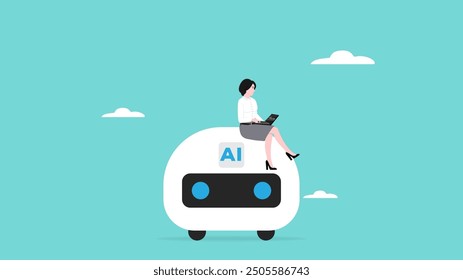 artificial intelligence and the future of work, work using AI artificial intelligence businesswoman sitting on multitasking artificial intelligence robot to help his work, AI in work management