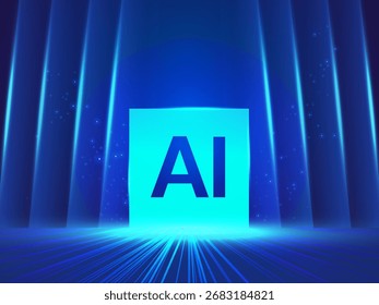 Inteligência artificial com Futuristic AI Cube no centro e conceito de design de vetor de fundo de luz brilhante. Tecnologia de IA para tecnologia avançada, robótica, automações, site, blockchain.