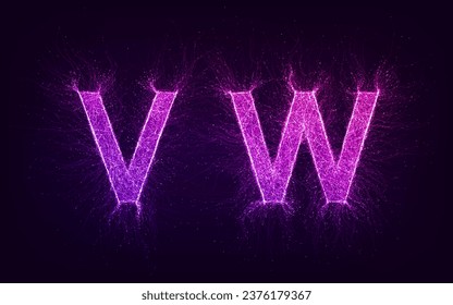 Artificial intelligence futuristic alphabet with thin expansion glowing lines. V, W. Neural network, machine learning, quantum computer, big data. Overlay color, easy to change. Vector illustration